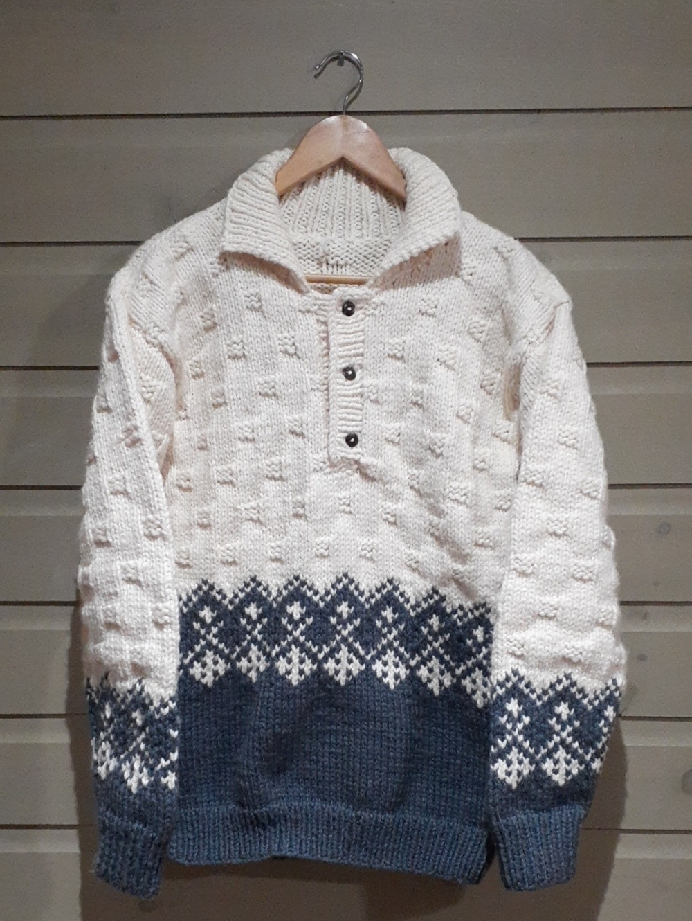 Hand Knit Chunky Sweater Blue Cream